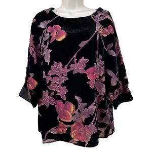 Frank Lyman Velvet Blouse Top Floral Burnout Short Sleeve Black Pink Sz 2 Event